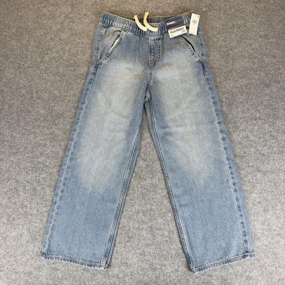Old Navy Boys M 8 Baggy Jeans Light Wash Pull On Elastic Drawstring Denim